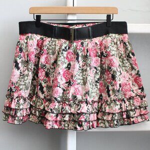 Candie's Pink Black Floral Ruffle Tiered Retro Inspo Mini Belted Skirt Size XL